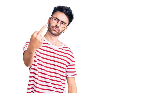 Young Hispanic Man Wearing Casual Clothes Showing Middle Finger Impolite — 图库照片
