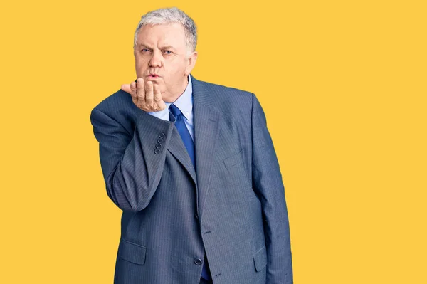 Senior Grey Haired Man Wearing Business Jacket Looking Camera Blowing — Stock Photo, Image