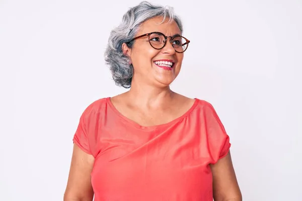 Senior Hispanic Grey Haired Woman Wearing Casual Clothes Glasses Looking — Stock Photo, Image