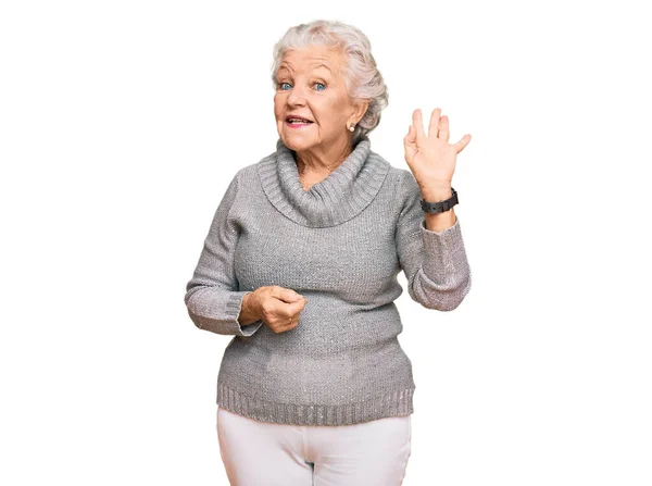 Senior Grey Haired Woman Wearing Casual Winter Sweater Waiving Saying — Zdjęcie stockowe