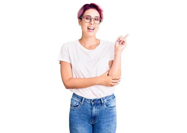 Young Beautiful Woman Pink Hair Wearing Casual Clothes Glasses Big — Stock Photo, Image