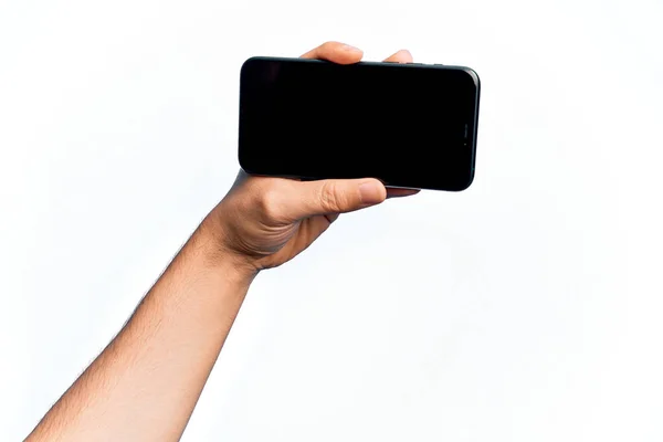 Hand Van Kaukasische Jongeman Die Smartphone Toont Scherm Geïsoleerde Witte — Stockfoto