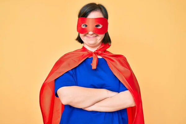 Brunette Woman Syndrome Wearing Super Hero Costume Happy Face Smiling — Stock Photo, Image