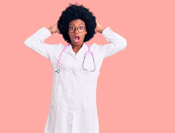 Young African American Woman Wearing Doctor Coat Stethoscope Crazy Scared — Stock Photo, Image