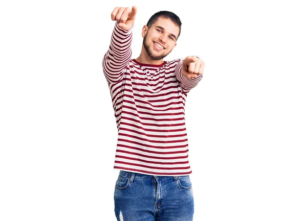 Young Handsome Man Wearing Striped Sweater Pointing You Camera Fingers — Foto Stock