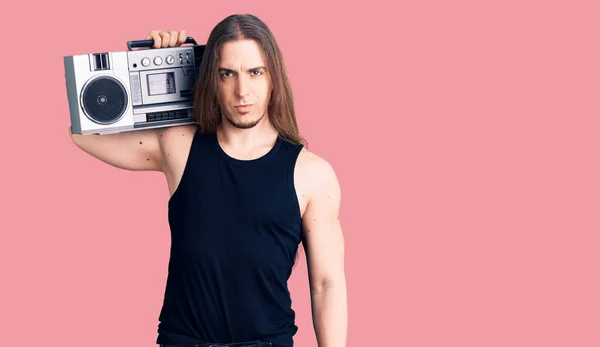 Young Adult Man Long Hair Wearing Black Clothes Holding Boombox — Stock Photo, Image