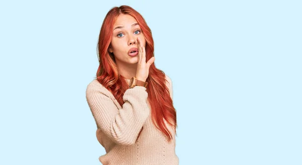 Young Redhead Woman Wearing Casual Winter Sweater Hand Mouth Telling — Stock Photo, Image