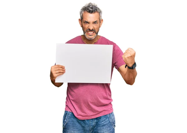 Middle Age Grey Haired Man Holding Blank Empty Banner Annoyed — Stock Photo, Image