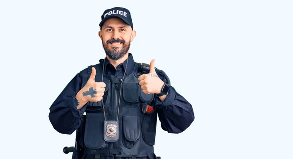 Young Handsome Man Wearing Police Uniform Success Sign Doing Positive — Stock Photo, Image