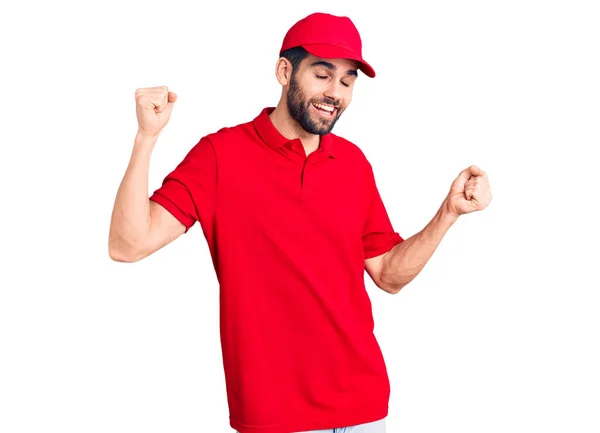 Young Handsome Man Beard Wearing Delivery Uniform Dancing Happy Cheerful — Stock Photo, Image