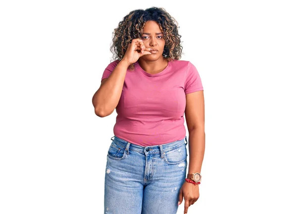 Young African American Size Woman Wearing Casual Clothes Mouth Lips — Stock Photo, Image