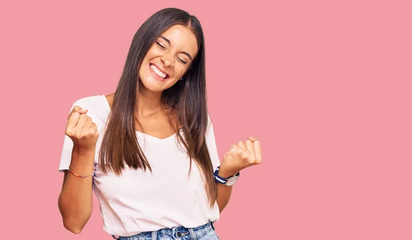 Young Hispanic Woman Wearing Casual White Tshirt Very Happy Excited — Stock Photo, Image