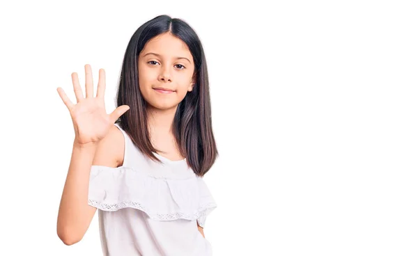 Schöne Kindermädchen Lässiger Kleidung Zeigen Und Zeigen Mit Den Fingern — Stockfoto