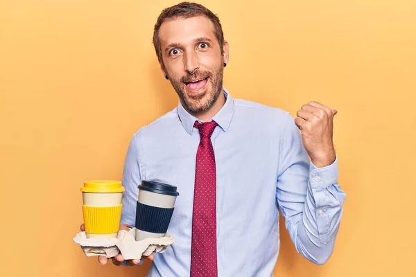 Young Handsome Man Holding Takeaway Cup Coffee Pointing Thumb Side — Stock Photo, Image