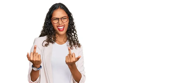 Young African American Girl Wearing Business Clothes Showing Middle Finger — Stockfoto
