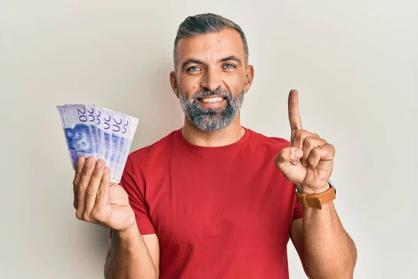 Orta Yaşlı Yakışıklı Adam Elinde Sveç Banknotuyla Bir Fikir Veya — Stok fotoğraf