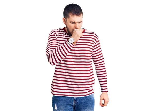 Young Handsome Man Wearing Striped Sweater Feeling Unwell Coughing Symptom — Stock Photo, Image