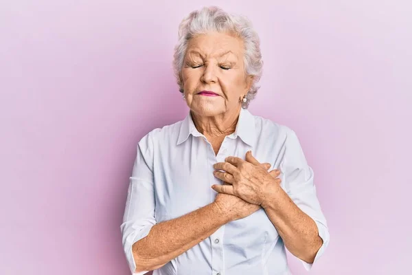 Senior Grey Haired Woman Wearing Casual Clothes Smiling Hands Chest — Stock Photo, Image