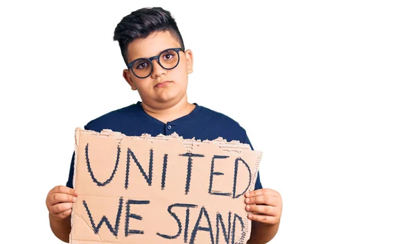 Little Boy Kid Holding United Stand Banner Thinking Attitude Sober — ストック写真