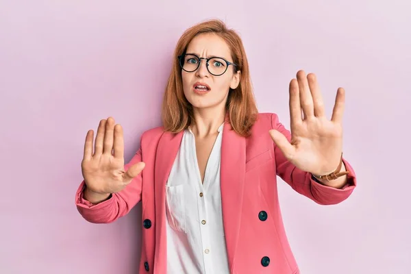 Young Caucasian Woman Wearing Business Style Glasses Doing Stop Gesture — Stock Photo, Image