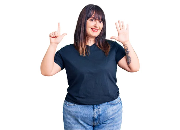 Young Size Woman Wearing Casual Clothes Showing Pointing Fingers Number — Stock Photo, Image