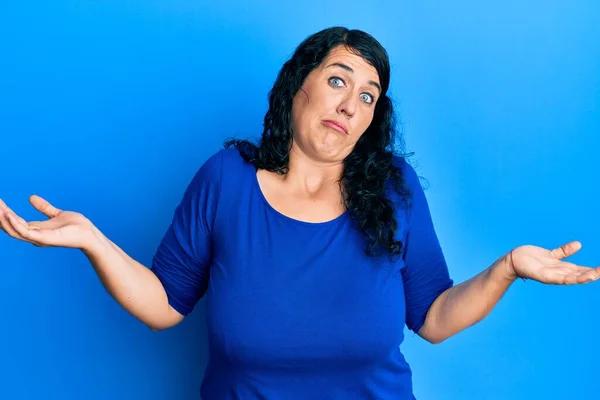 Size Brunette Woman Wearing Casual Blue Shirt Clueless Confused Expression — Stock Photo, Image