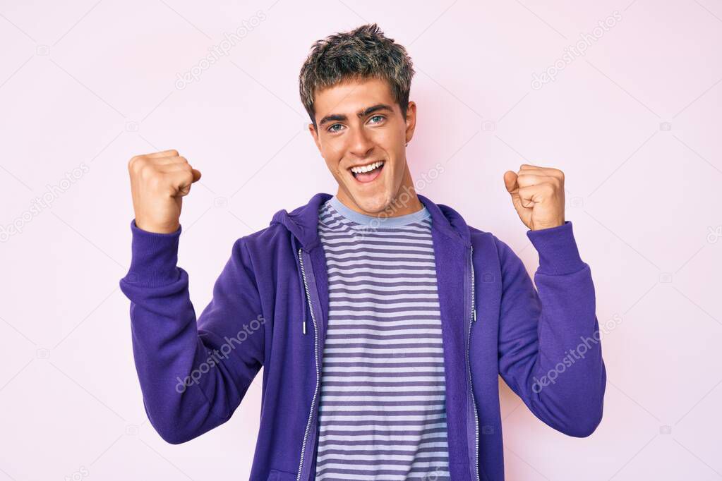 Young handsome man wearing casual purple sweatshirt screaming proud, celebrating victory and success very excited with raised arms 