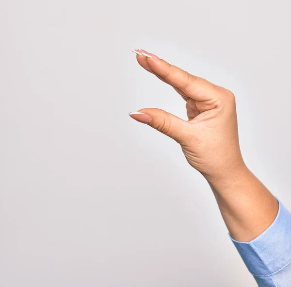 Mão Jovem Caucasiana Fazendo Sinal Captura Sobre Fundo Branco Isolado — Fotografia de Stock