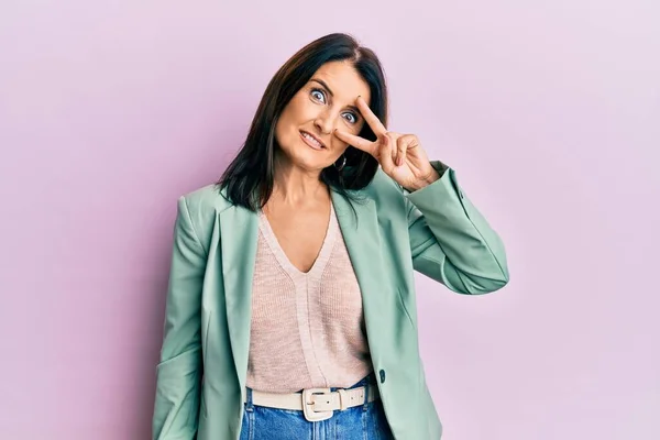 Middle Age Brunette Woman Wearing Casual Clothes Doing Peace Symbol — Stock Photo, Image