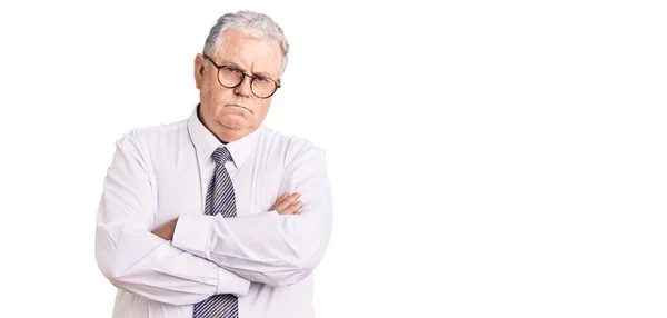 Senior Grijsharige Man Draagt Zakelijke Kleding Sceptisch Nerveus Afkeurende Uitdrukking — Stockfoto