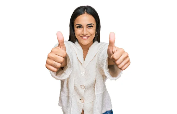 Young Brunette Woman Wearing Casual Clothes Approving Doing Positive Gesture — Stock Photo, Image