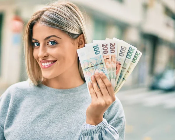 Young Blonde Girl Smiling Happy Holding Czech Koruna Banknotes City — Stock Photo, Image