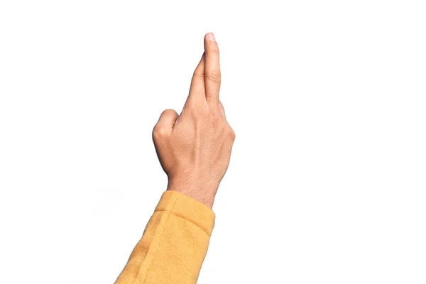 Ręka Białego Młodzieńca Pokazująca Palce Białym Tle Trzymająca Kciuki Przesądy — Zdjęcie stockowe