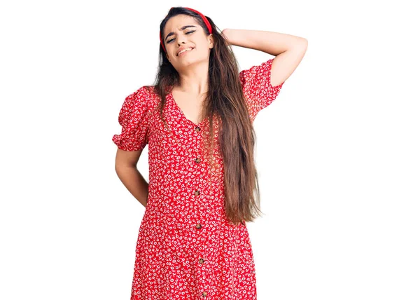 Brunette Teenager Girl Wearing Summer Dress Suffering Neck Ache Injury — Stock Photo, Image