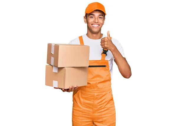 Young Handsome African American Man Holding Delivery Package Smiling Happy — Stock Photo, Image