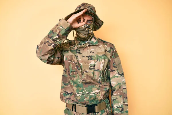 Young Handsome Man Wearing Camouflage Army Uniform Balaclava Smiling Happy — Stock Photo, Image