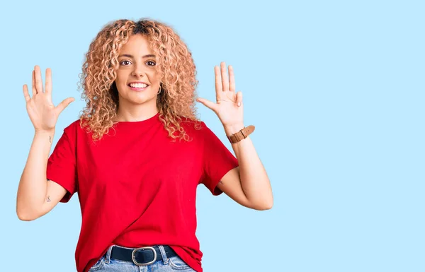 Young Blonde Woman Curly Hair Wearing Casual Red Tshirt Showing — Stock Photo, Image