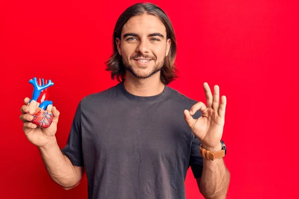 Joven Hombre Guapo Sosteniendo Órgano Del Corazón Haciendo Signo Con — Foto de Stock