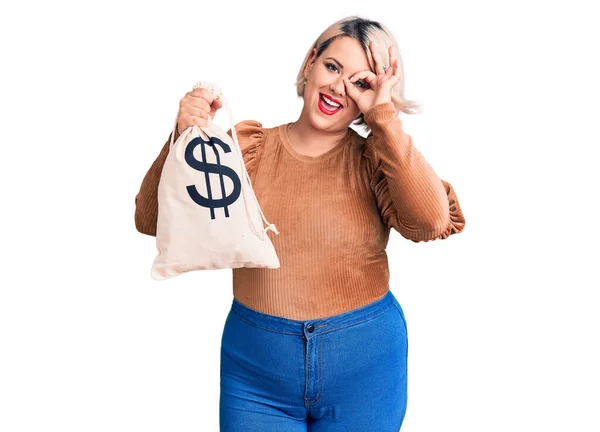 Young Blonde Size Woman Holding Money Bag Dollar Symbol Smiling — Stock Photo, Image