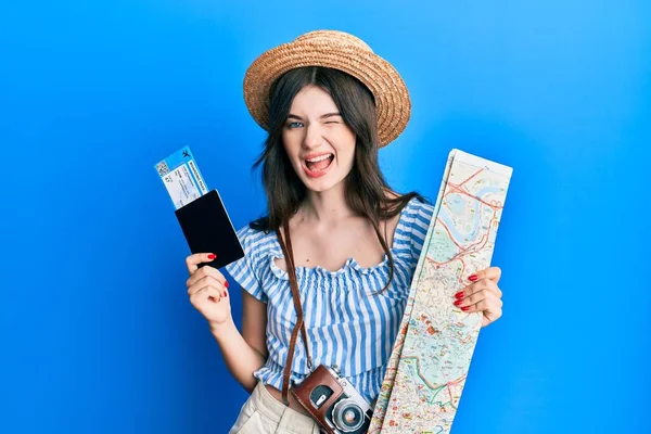 Young Beautiful Caucasian Girl Holding Passport City Map Winking Looking — Stock Photo, Image