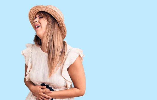 Young Beautiful Woman Wearing Summer Hat Shirt Hand Stomach Because — Stock Photo, Image