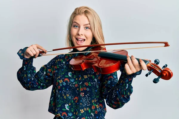 Young Blonde Woman Playing Violin Celebrating Crazy Amazed Success Open — Stock Photo, Image