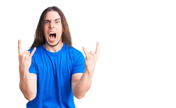 Young Adult Man Long Hair Wearing Swimwear Shouting Crazy Expression — Stock Photo, Image
