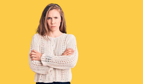 Young Beautiful Blonde Woman Wearing Casual Sweater Skeptic Nervous Disapproving — Stock Photo, Image