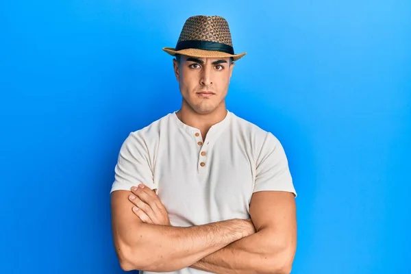 Hispanic Young Man Wearing Summer Hat Skeptic Nervous Disapproving Expression — Stock Photo, Image