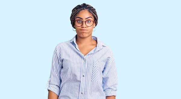 Young African American Woman Braids Wearing Casual Clothes Glasses Puffing — Stock Photo, Image