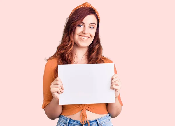 Young Beautiful Woman Holding Cardboard Banner Blank Space Looking Positive — Stock Photo, Image