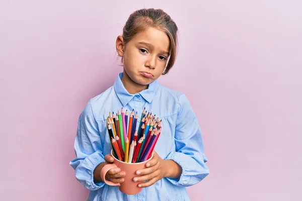 Little Beautiful Girl Holding Colored Pencils Depressed Worry Distress Crying — Stock Photo, Image