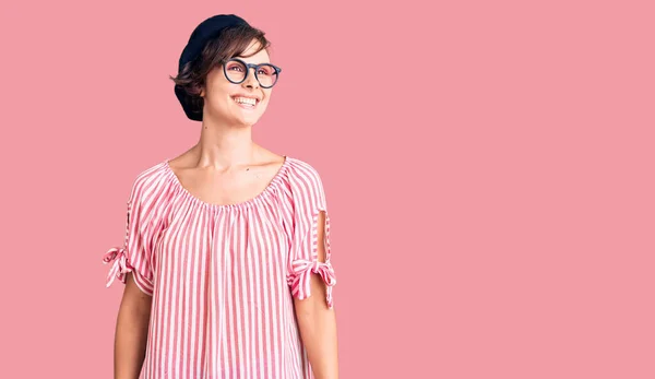 Beautiful Young Woman Short Hair Wearing Casual Clothes Glasses Looking — Stock Photo, Image