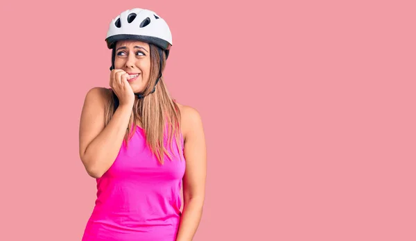 Young Beautiful Woman Wearing Bike Helmet Looking Stressed Nervous Hands — Stock Photo, Image